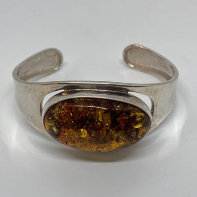Large Sterling Silver Bracelet with Large Brown Amber