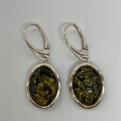 Green Oval Amber Earrings over Sterling Silver