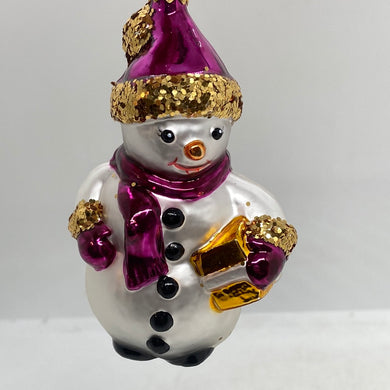 Snowman with Purple Scarf Polish Hand Blown Glass Ornament