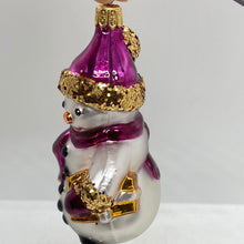 Load image into Gallery viewer, Snowman with Purple Scarf Polish Hand Blown Glass Ornament