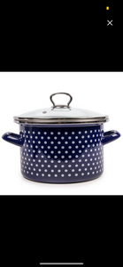 4.2 qt Blue Polka Dot Enamelware Saucepan-Pot w/ Glass Lid