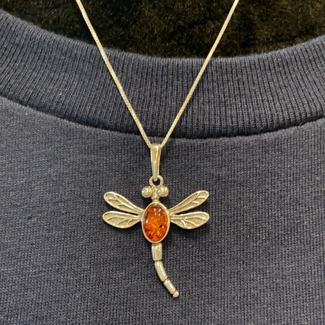 Amber Dragonfly Pendant with Sterling Silver Necklace