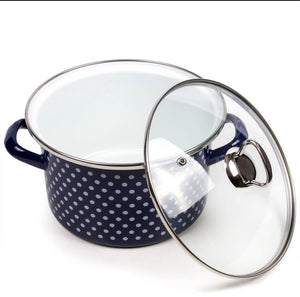 4.2 qt Blue Polka Dot Enamelware Saucepan-Pot w/ Glass Lid