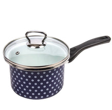 Load image into Gallery viewer, 1.6 qt Blue Polka Dot Enamelware Saucepan-Pot w/ Glass Lid